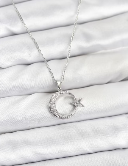 316l Çelik Zincir Gümüş Renk Ay Yıldız Model Zirkon Taşlı Kadın Kolye